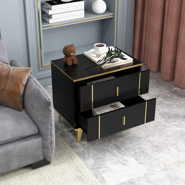 Mercer41 Polixeni 24"W Two Drawer Black Bedside Table, Two Drawer